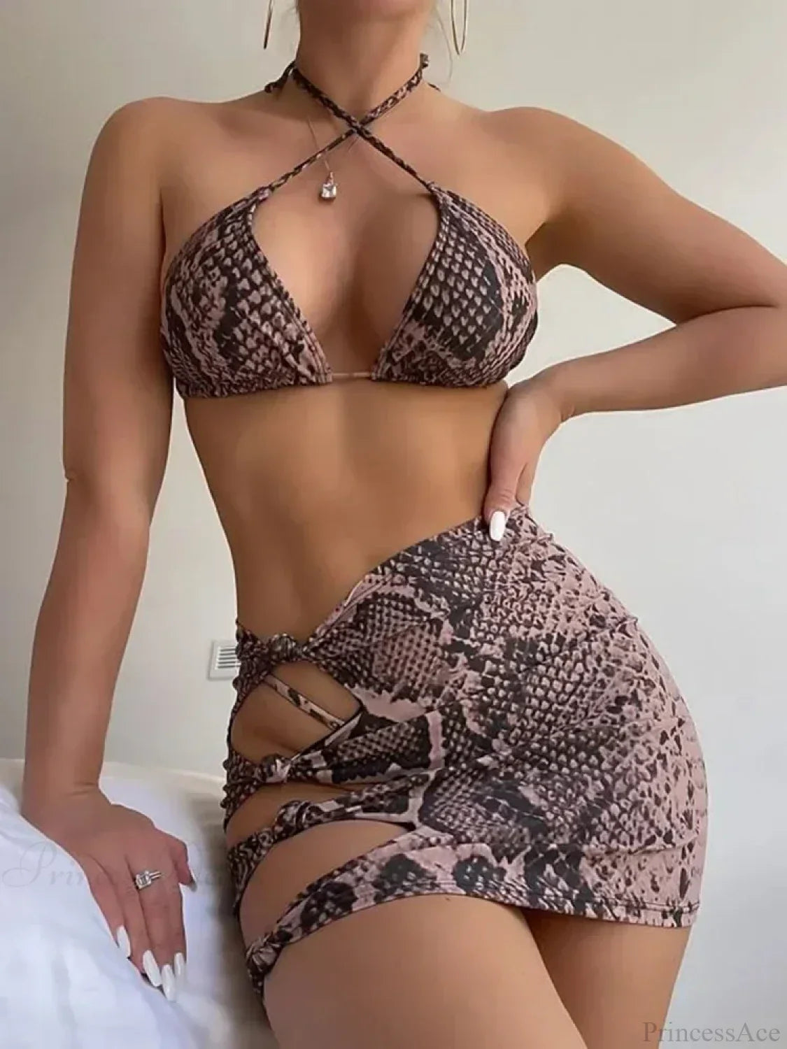 Snake Skin Printed Bikini Three Piece Swimsuit Snake / S