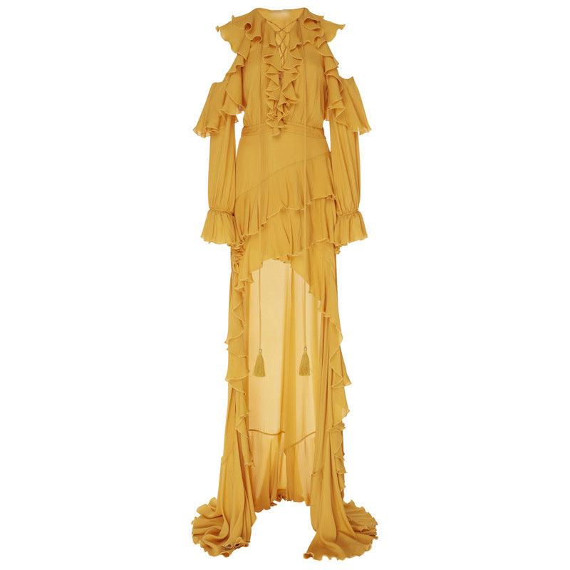 KittenAlarm - Sofia Off Shoulder Ruffle Front Slit Maxi Dress