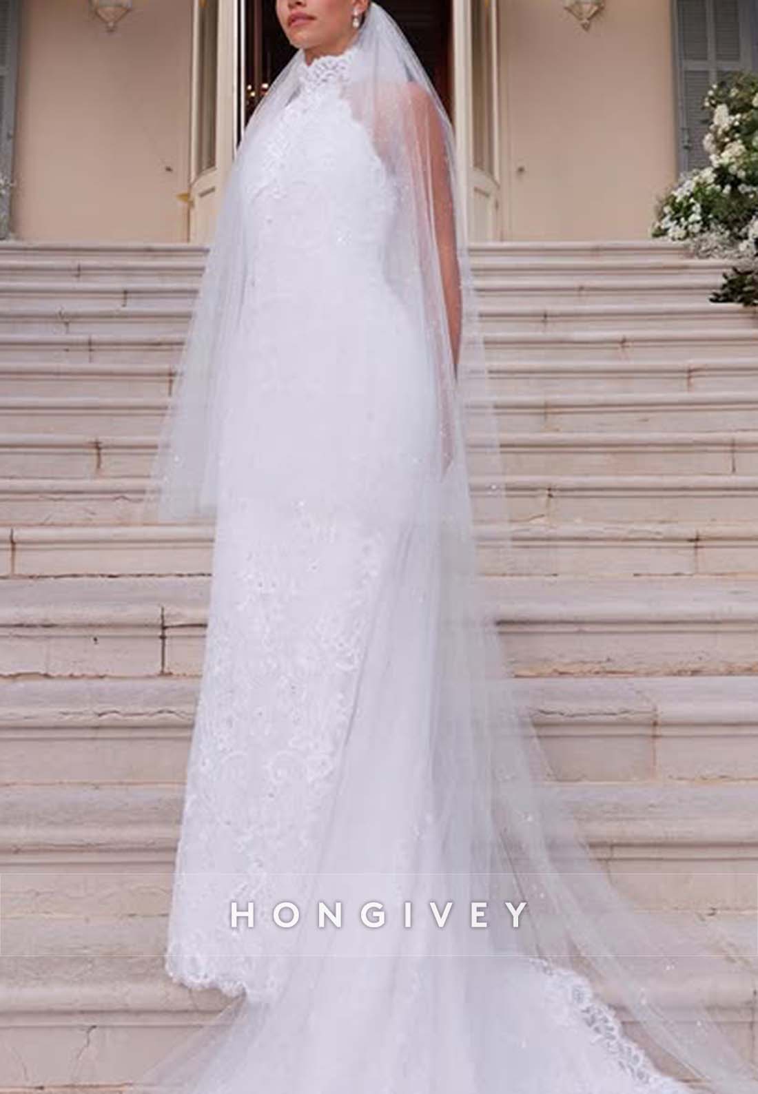 Halter Trumpet Chapel Train Lace Pleated Sleeveless Wedding Dresses