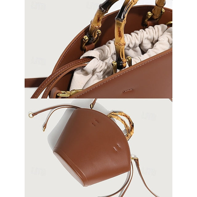 Brown Bamboo Leather Bucket Bag Handle with