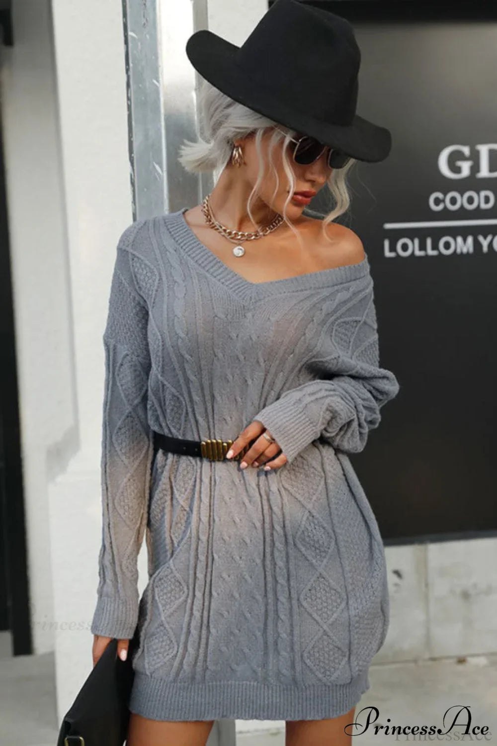 Solid Cable-Knit Wool Women’s Mini Dress Grey / S