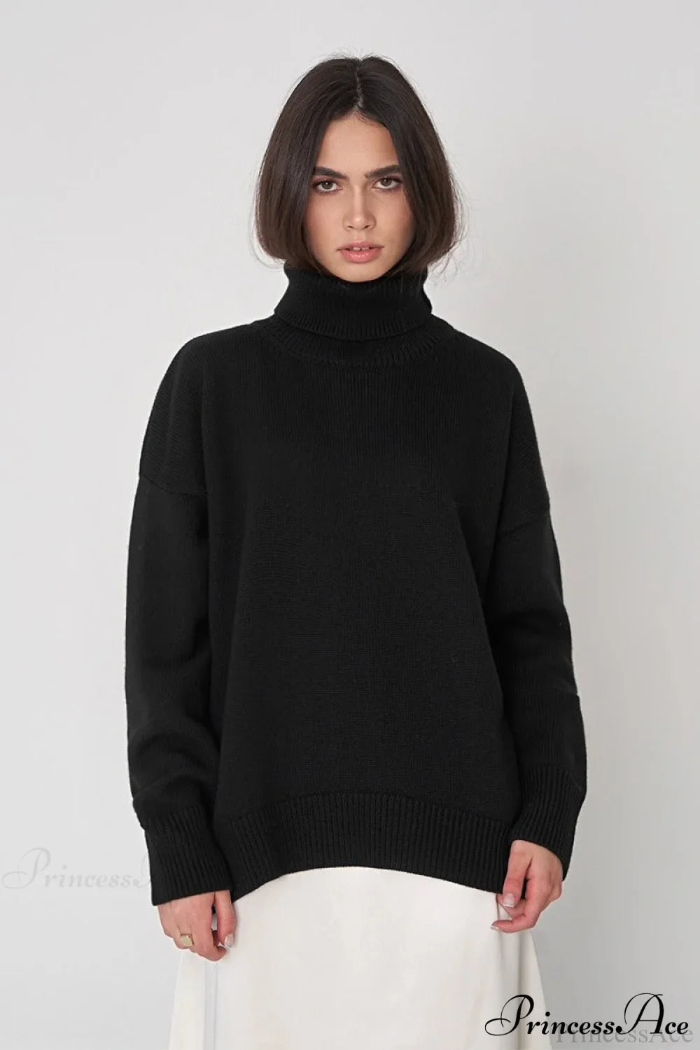 Solid Color High-Neck Loose Knit Sweater Black / S