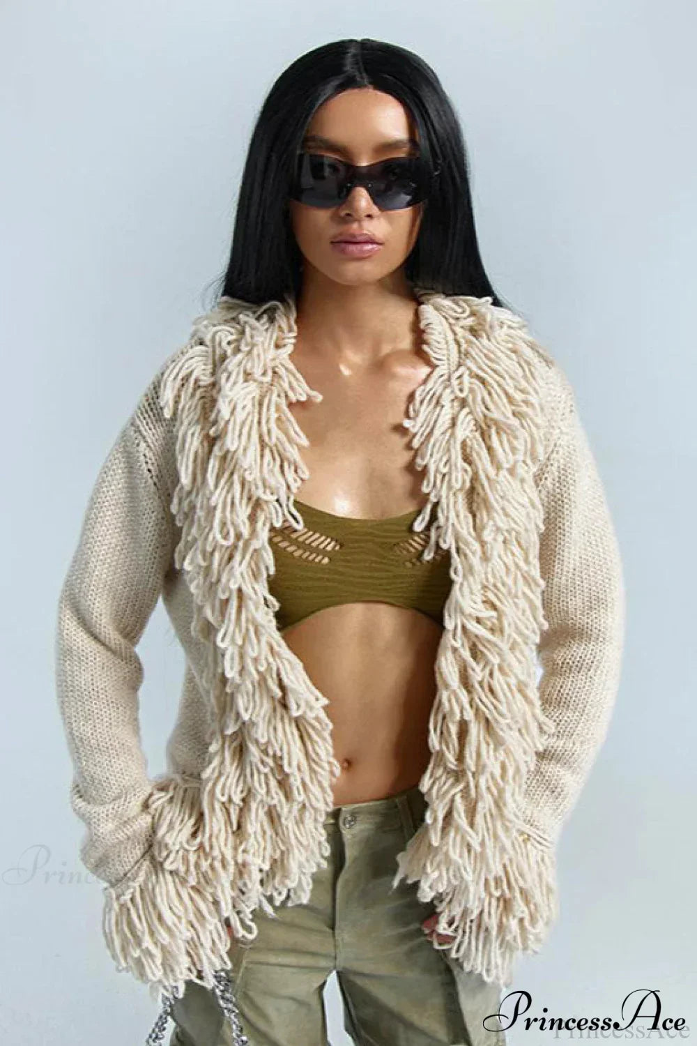 Solid Color Knit Fringe Loose Long Sleeve Cardigan 2