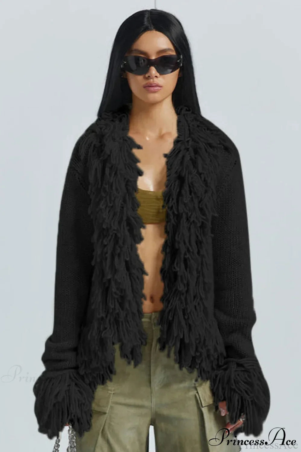 Solid Color Knit Fringe Loose Long Sleeve Cardigan 4