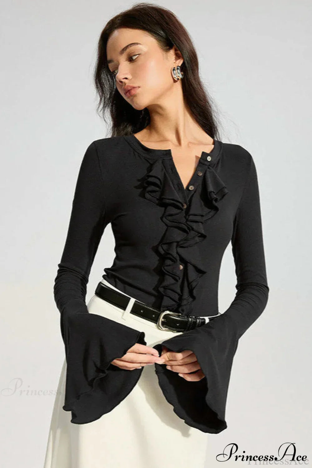 Solid Color Panel Flared Sleeve Ruffled Blouse