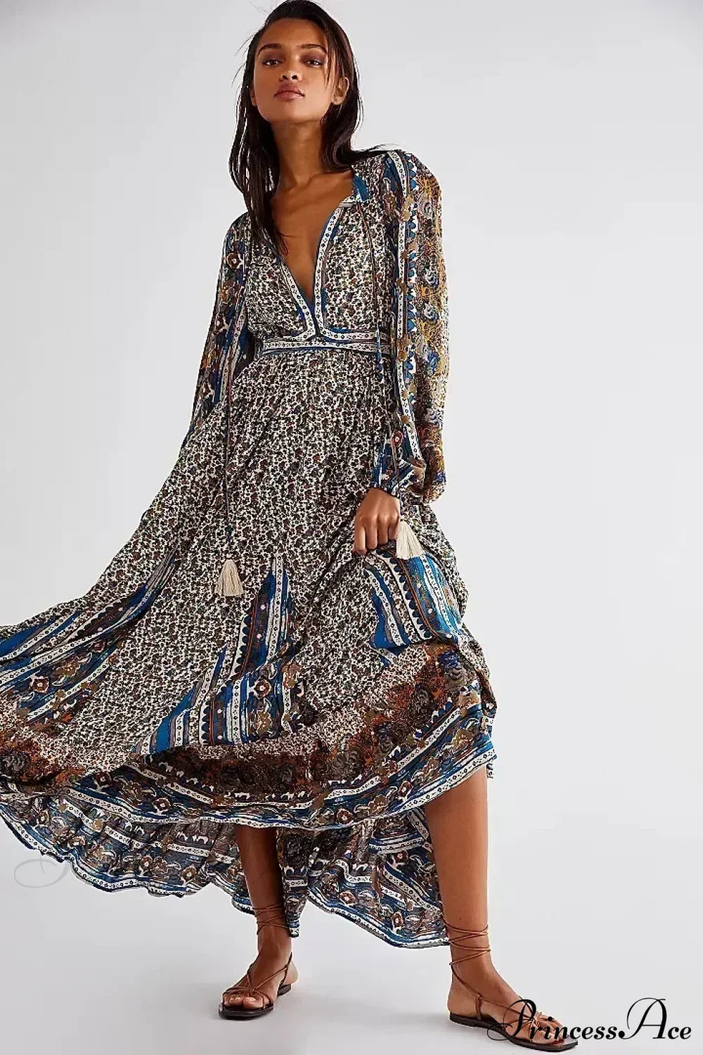 Solid Color V-neck Flare Sleeve Summer Boho Dress