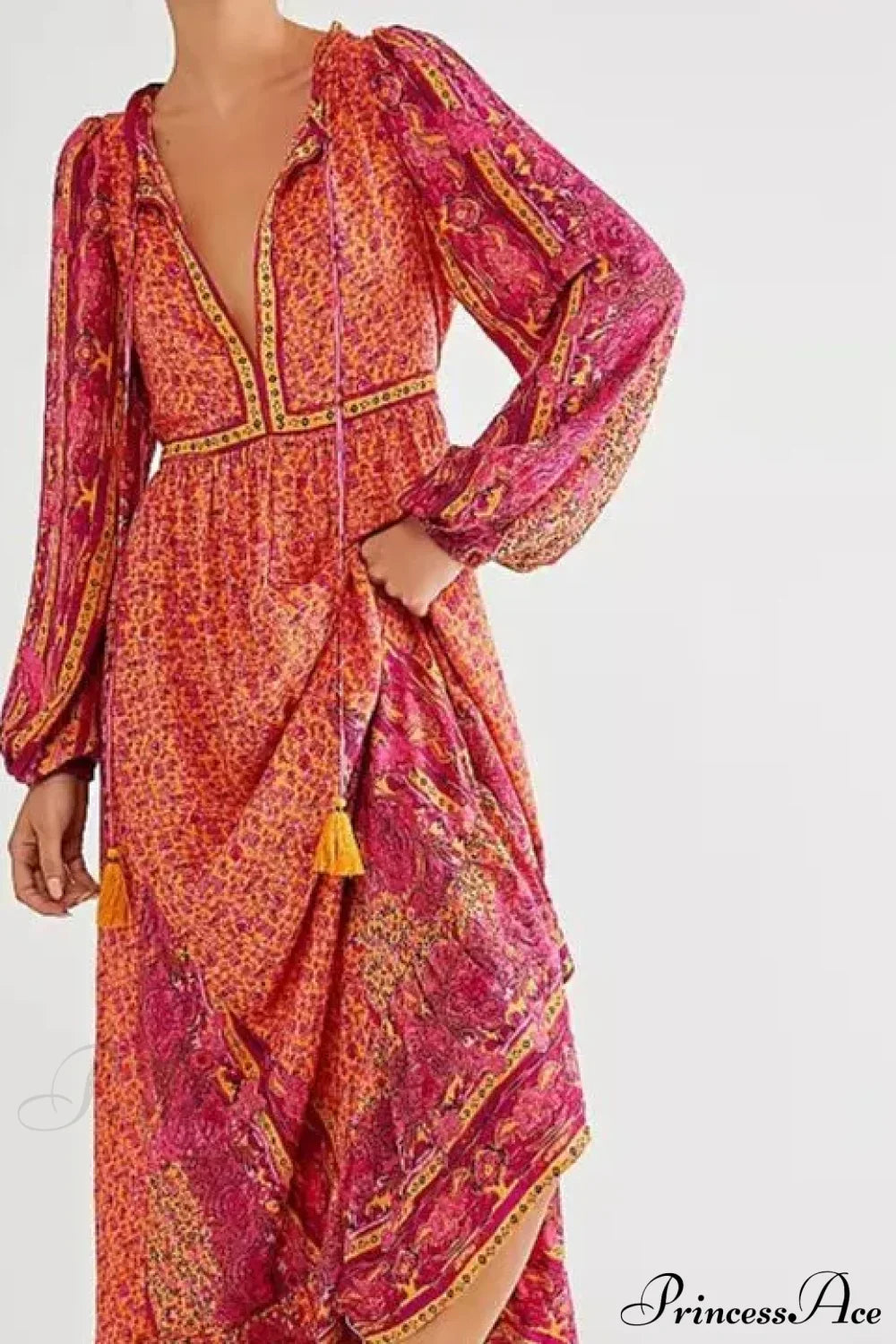 Solid Color V-neck Flare Sleeve Summer Boho Dress Orange / S bohodress-250126