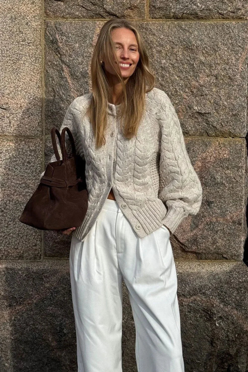 Solid Crewneck Cable Short Cardigan Sweater 2