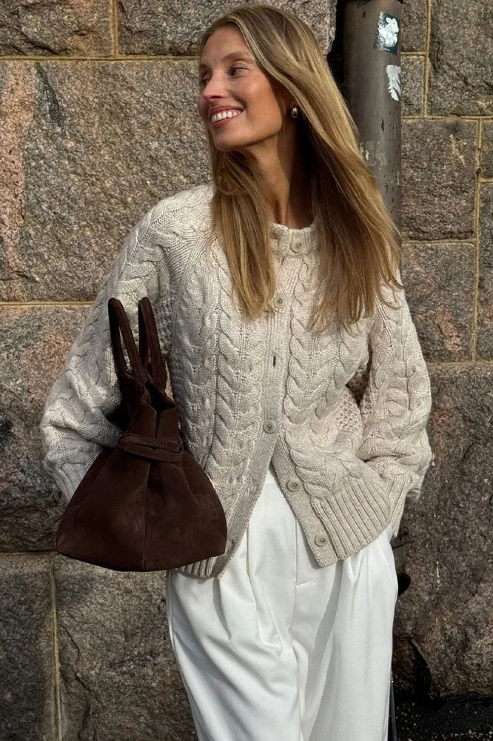 Solid Crewneck Cable Short Cardigan Sweater