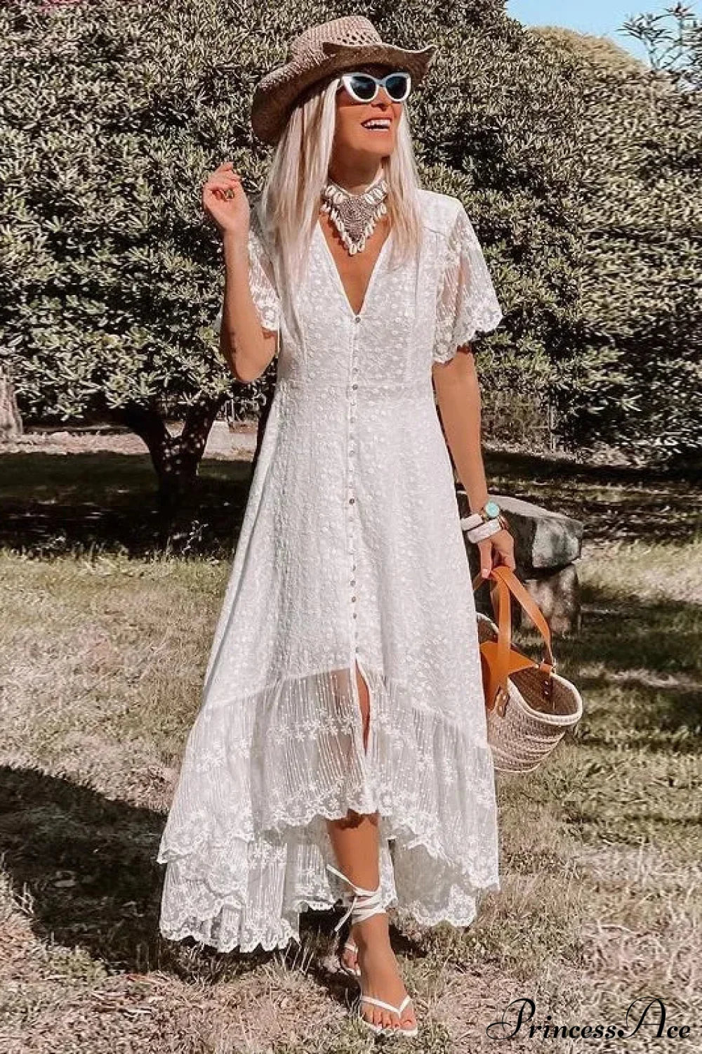 Solid Floral Short Sleeve Boho Dress
