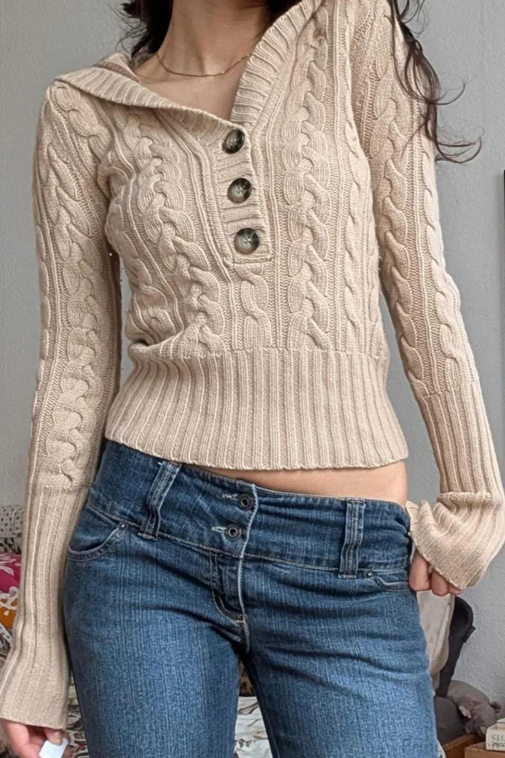 Solid Hooded Button Cropped Slim Sweater 2