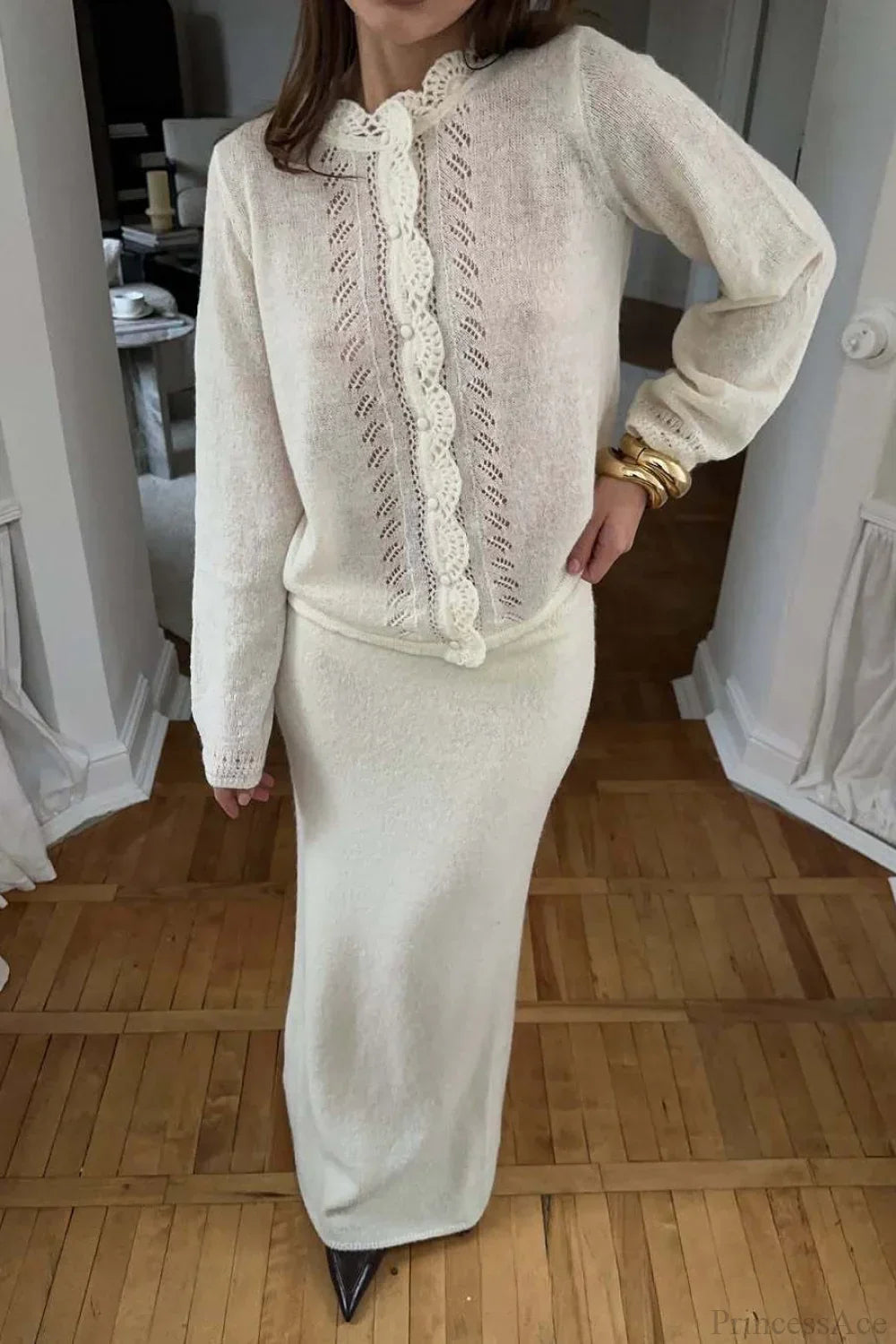 Solid Lace Cutout Knit Crew Neck Cardigan 5