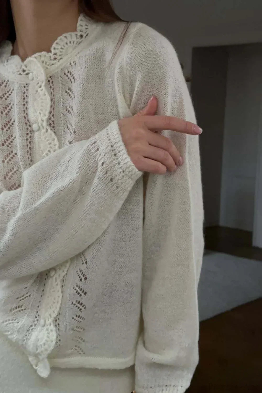 Solid Lace Cutout Knit Crew Neck Cardigan 4