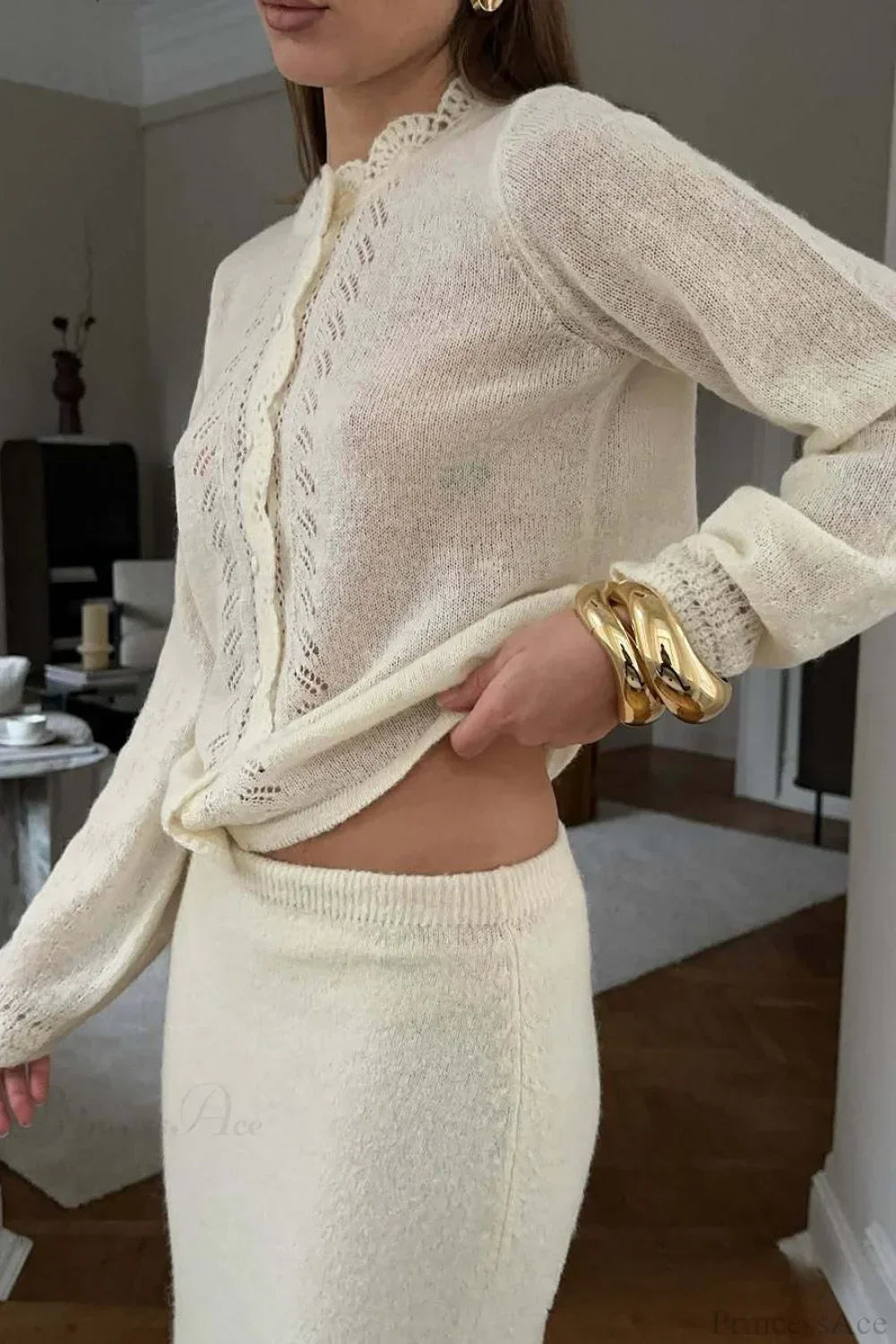 Solid Lace Cutout Knit Crew Neck Cardigan 2
