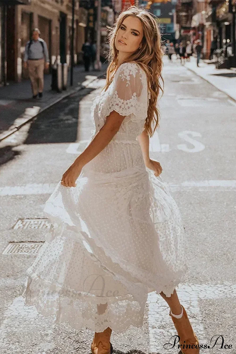 Solid Lace Short Sleeve V-neck Maxi Boho Dress