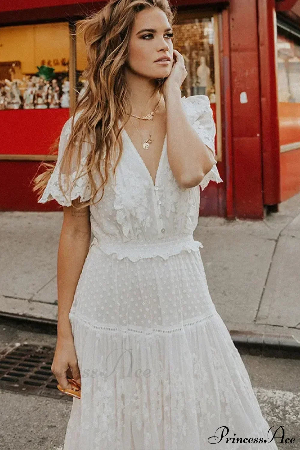 Solid Lace Short Sleeve V-neck Maxi Boho Dress
