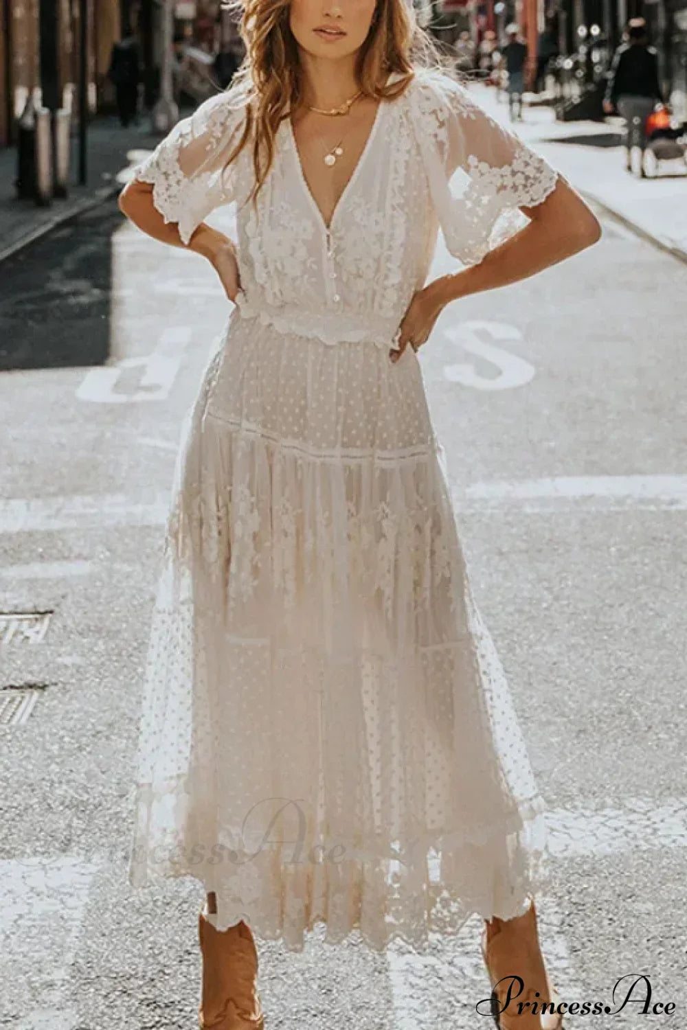 Solid Lace Short Sleeve V-neck Maxi Boho Dress White / S bohodress-250126