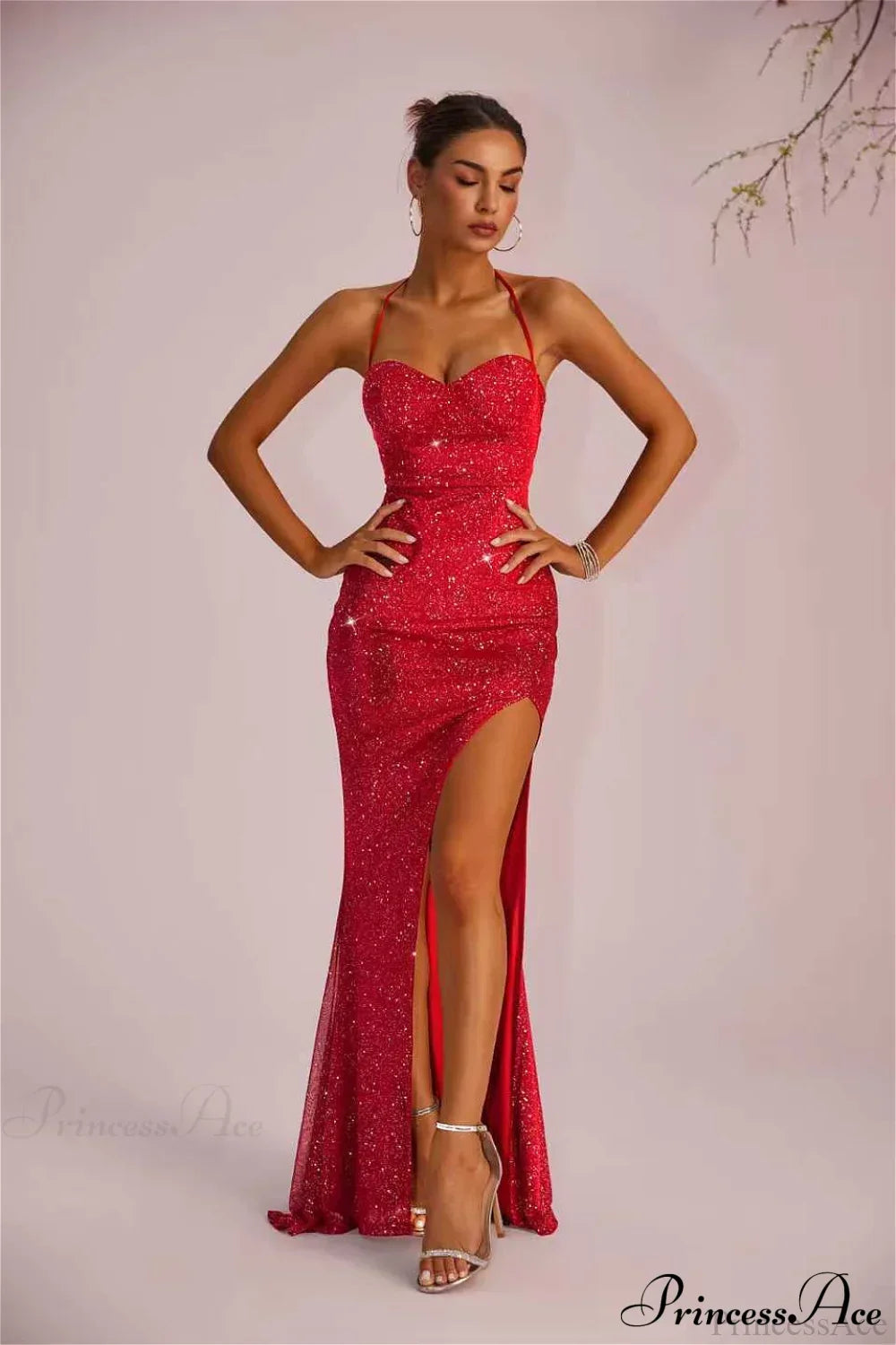 Sequin Halter Neck High Slit Mermaid Gown 5