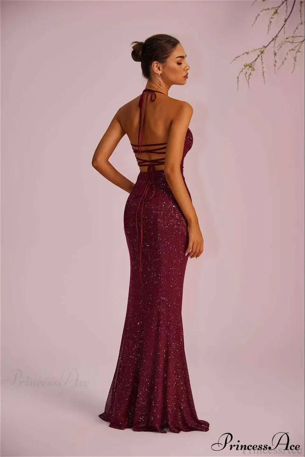 Sequin Halter Neck High Slit Mermaid Gown 3