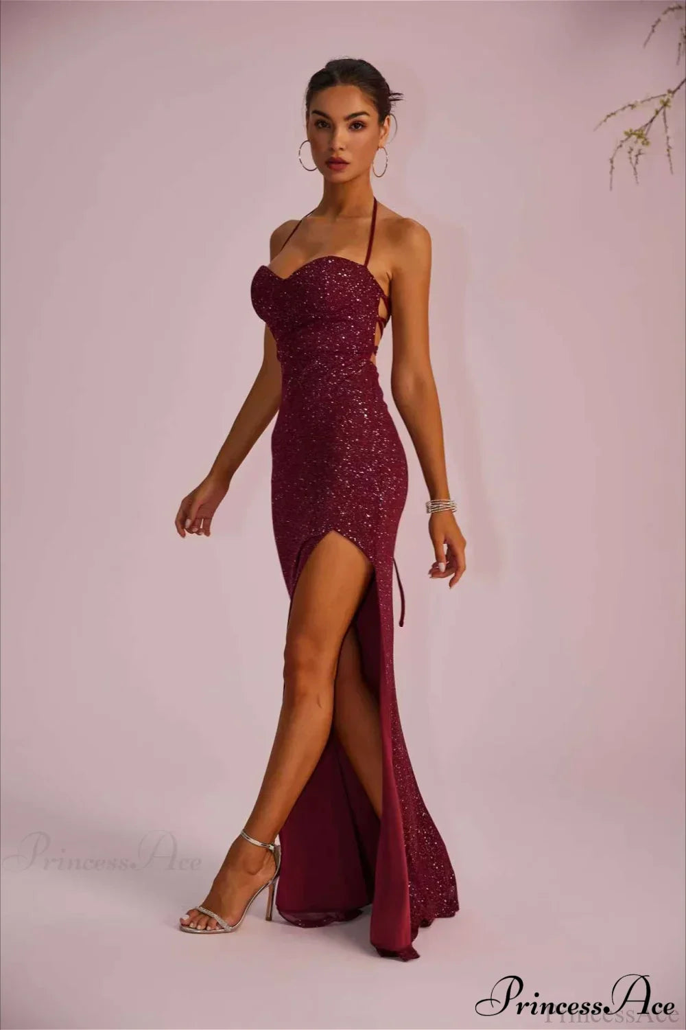 Sequin Halter Neck High Slit Mermaid Gown