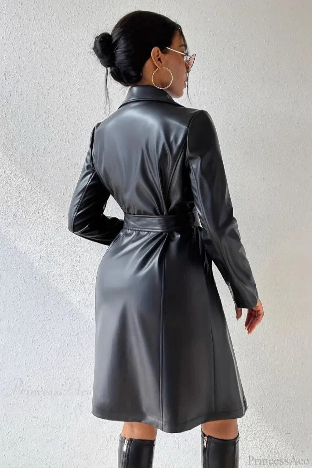 Solid PU Leather Slim-Fit Overcoat