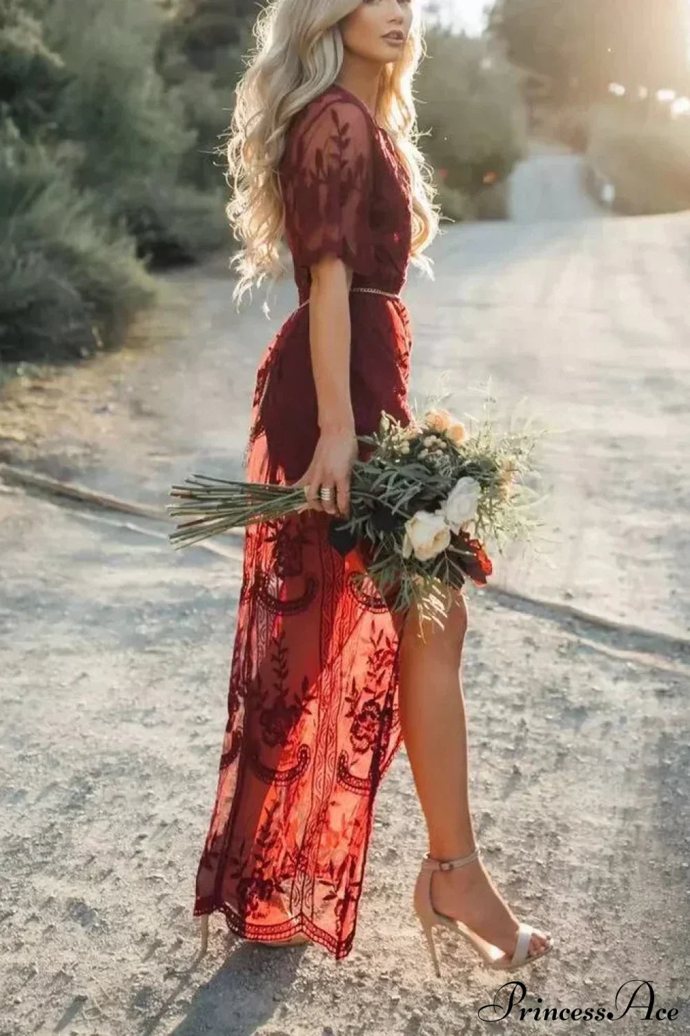 Solid Short Sleeve Lace V-neck Loose Maxi Boho Dress claret / One Size bohodress-250126