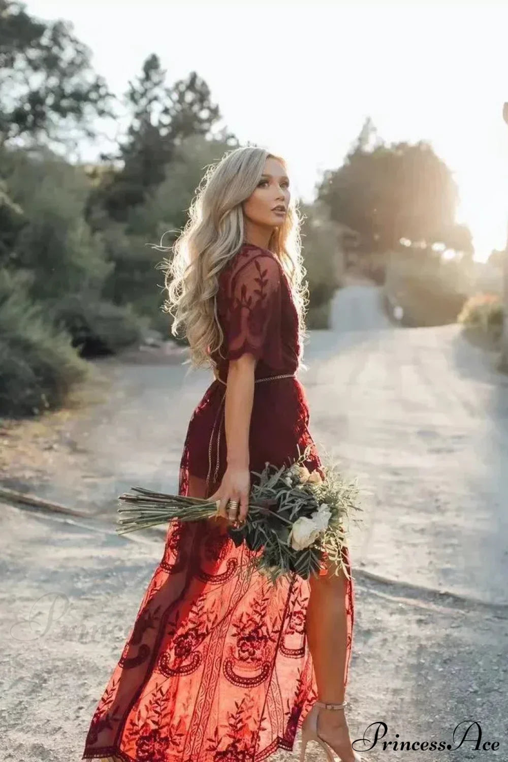 Solid Short Sleeve Lace V-neck Loose Maxi Boho Dress