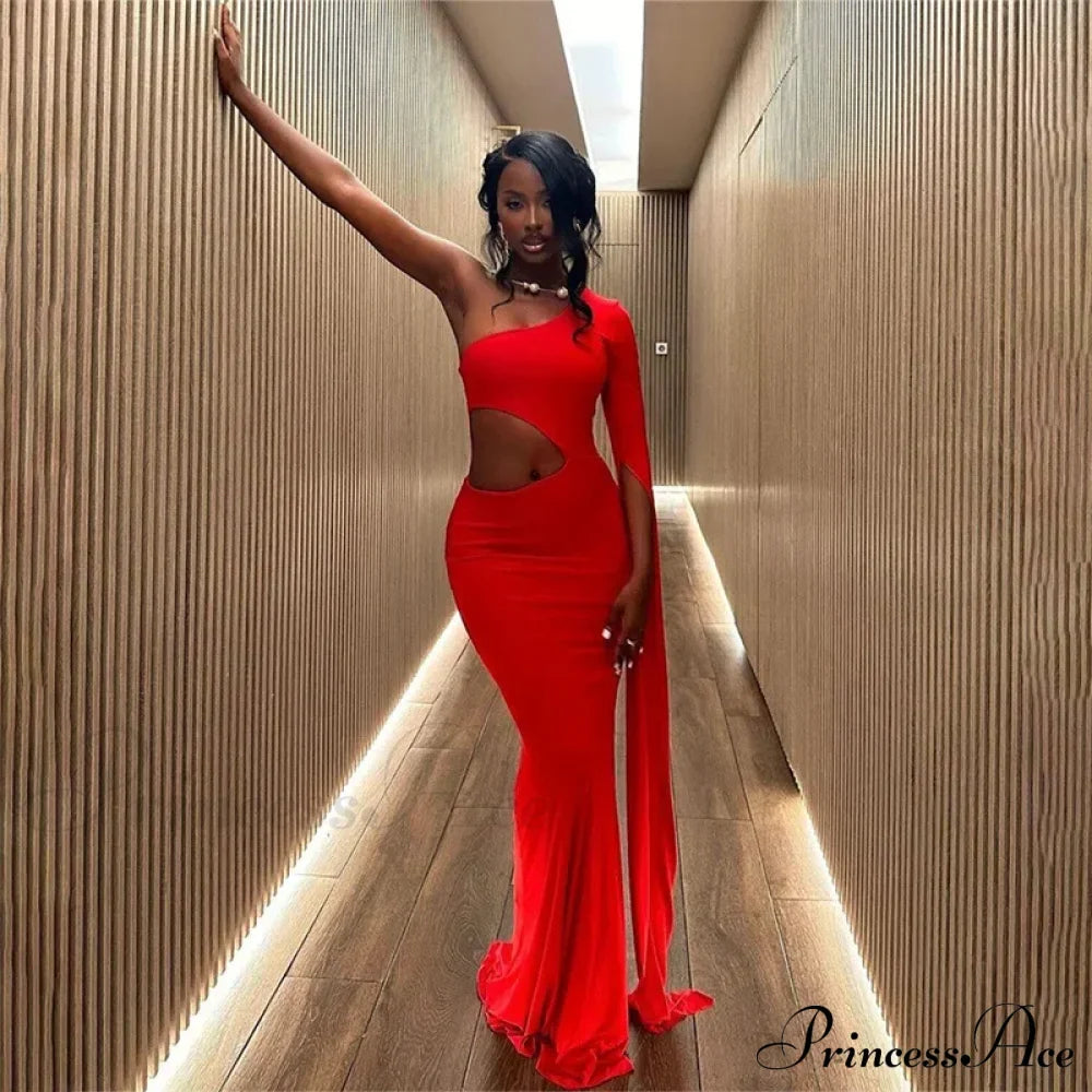 Solid Trend Incline Shoulder Hollow High Street Maxi Dress Sexy Elegant Christmas Party Dress