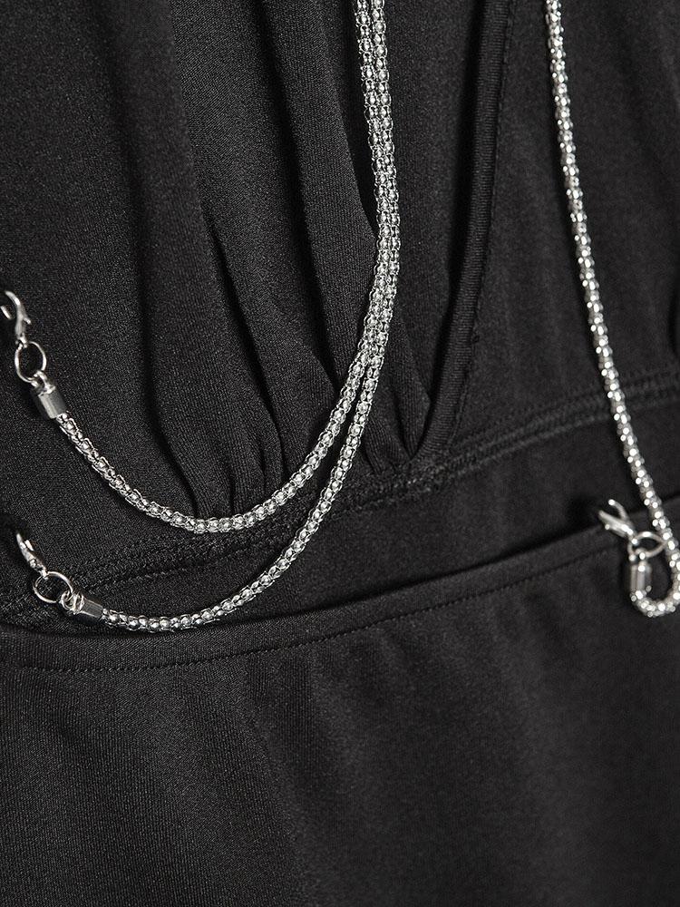 Solid V-neck Chain Sleeveless Tight Dress