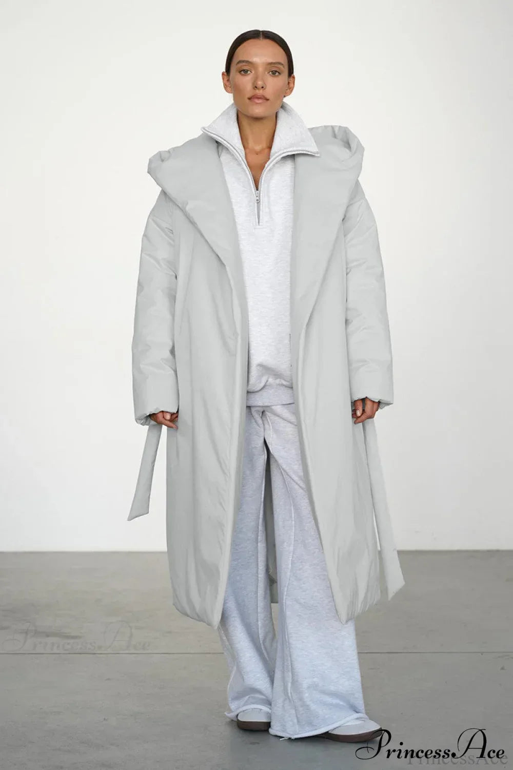 Solid Warm Long Hooded Belted Cotton Puffer Overcoat 2