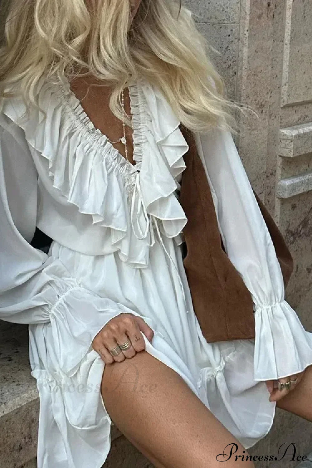 Solid White Cotton Rayon Long Sleeve Ruffle Dress