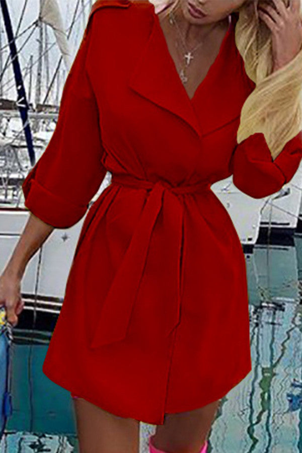 Plain Lace-up Shirt Dress - Mislish