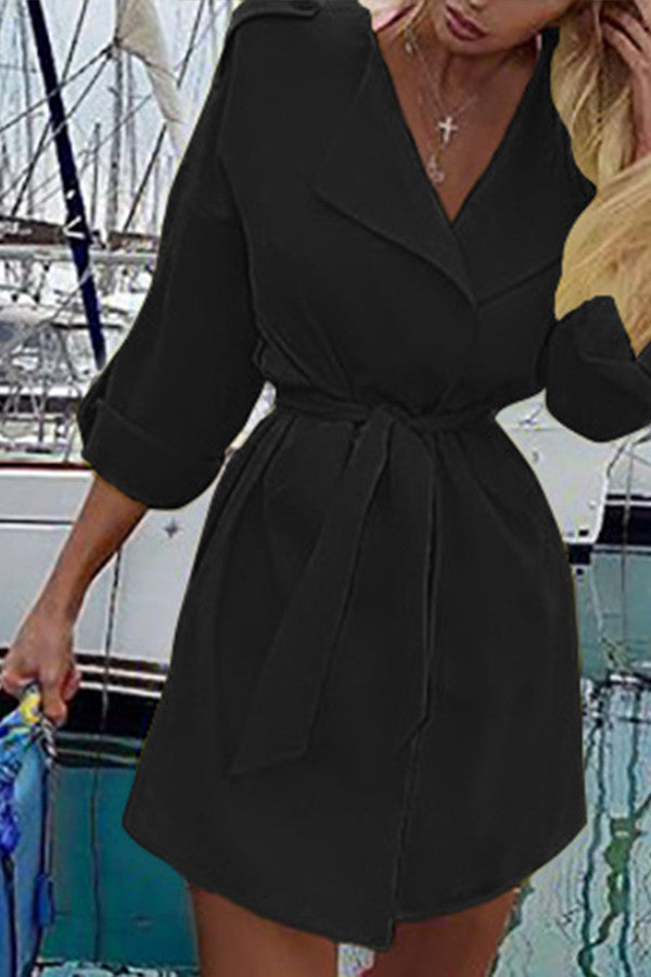 Plain Lace-up Shirt Dress - Mislish