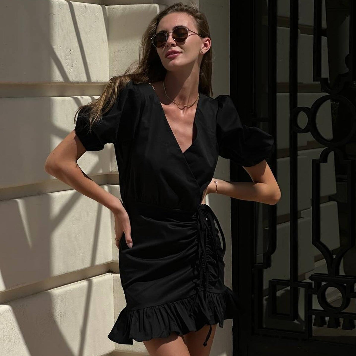 Cotton Wrap V-Neck Puff-Sleeve Ruched Mini Dress 6