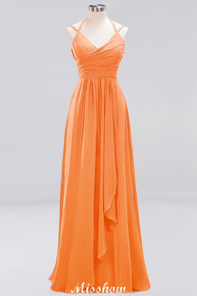 Spaghetti Sleeveless Ruffles A-line Chiffon Bridesmaid Dresses Straps Evening Maxi Dress