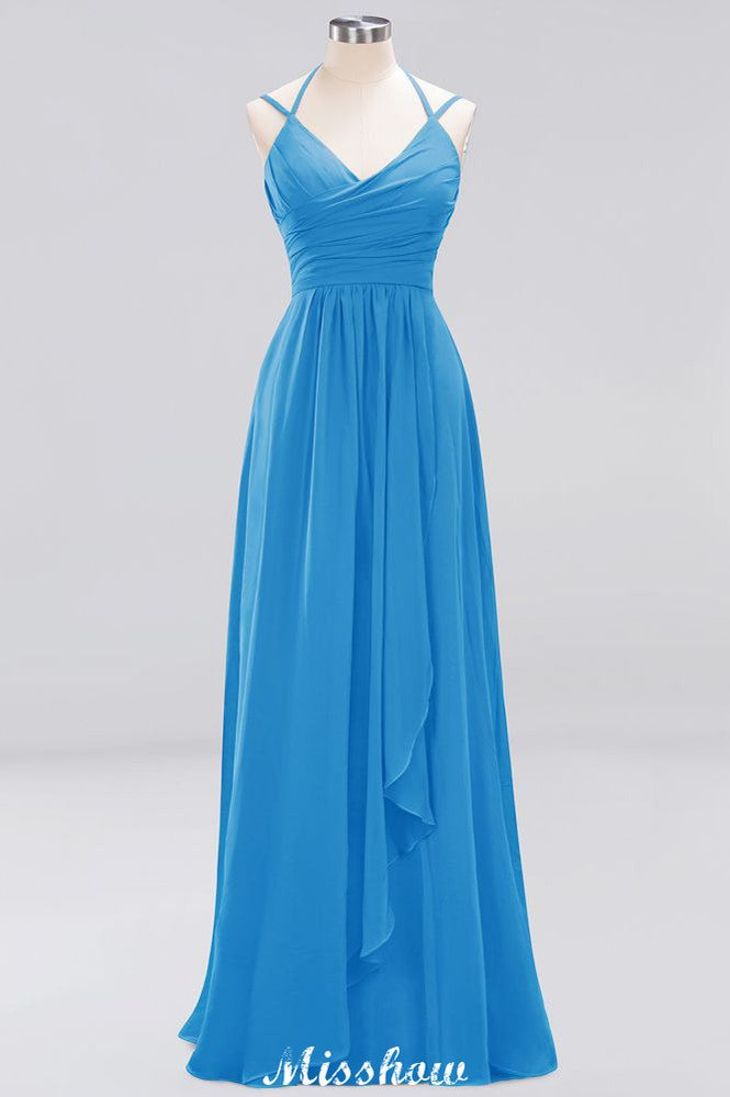 Spaghetti Sleeveless Ruffles A-line Chiffon Bridesmaid Dresses Straps Evening Maxi Dress