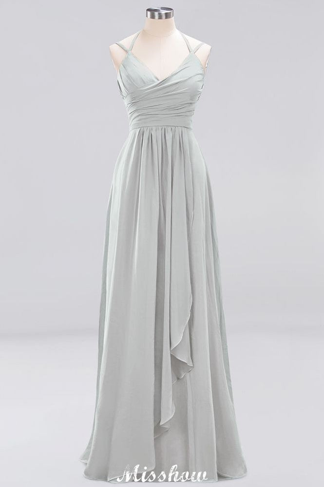 Spaghetti Sleeveless Ruffles A-line Chiffon Bridesmaid Dresses Straps Evening Maxi Dress