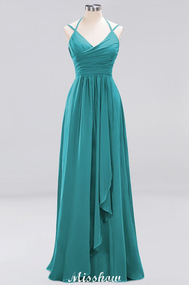 Spaghetti Sleeveless Ruffles A-line Chiffon Bridesmaid Dresses Straps Evening Maxi Dress