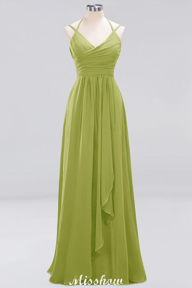 Spaghetti Sleeveless Ruffles A-line Chiffon Bridesmaid Dresses Straps Evening Maxi Dress