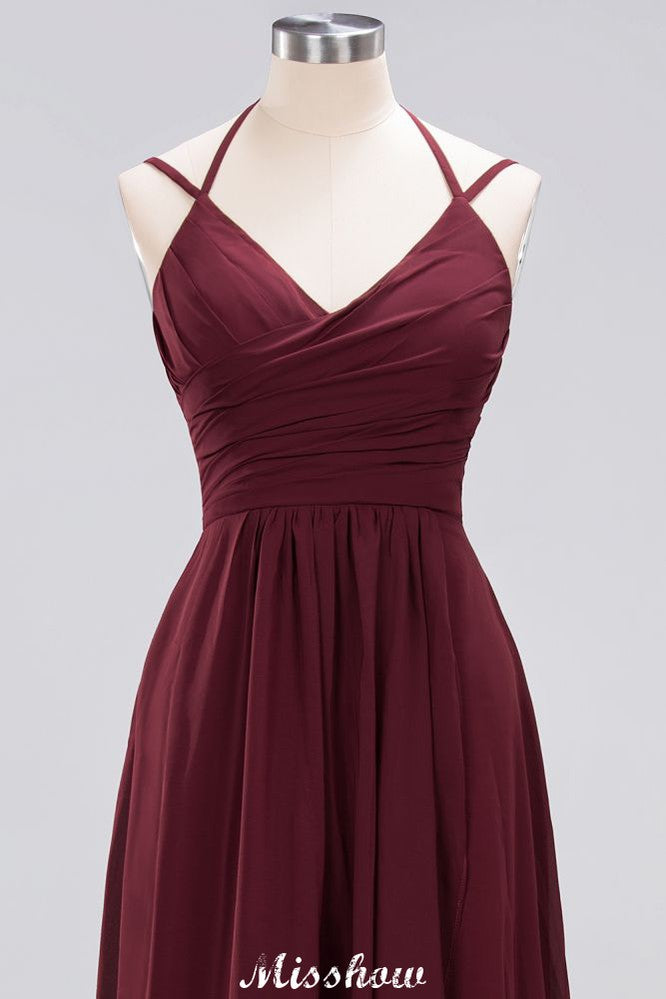 Spaghetti Sleeveless Ruffles A-line Chiffon Bridesmaid Dresses Straps Evening Maxi Dress