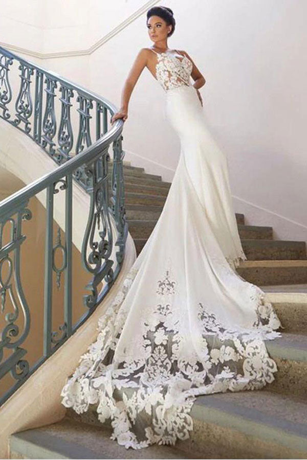 Spaghetti Strap Lace Wedding Dress Online with Chapel Train
