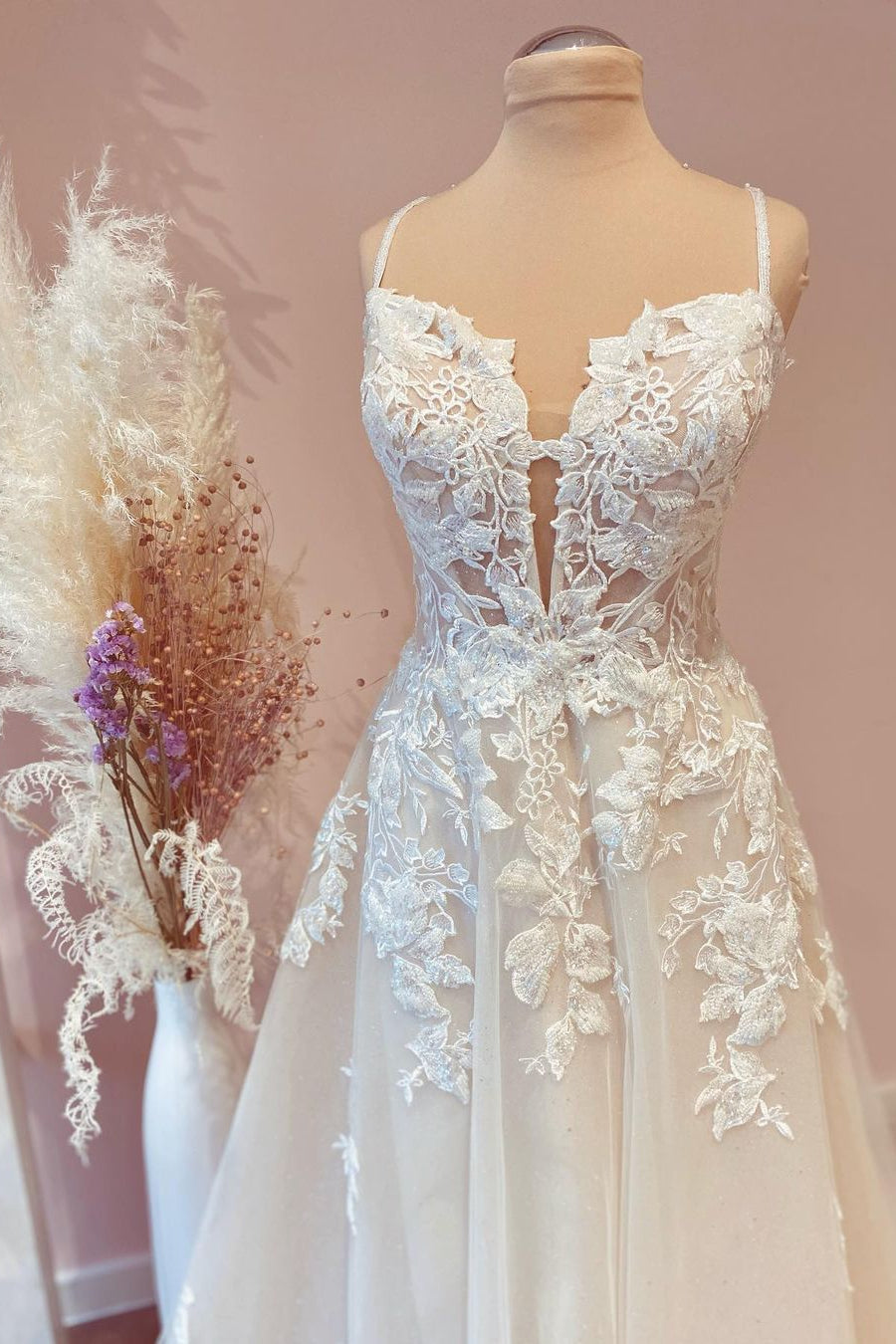 Spaghetti-Straps Lace Appliques Lace Wedding Dress - Fashionpara