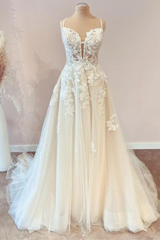 Spaghetti-Straps Lace Appliques Lace Wedding Dress - Fashionpara