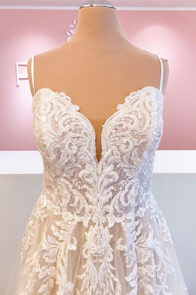 Spaghetti-Straps Lace Appliques Wedding Dress Sleeveless - Fashionpara