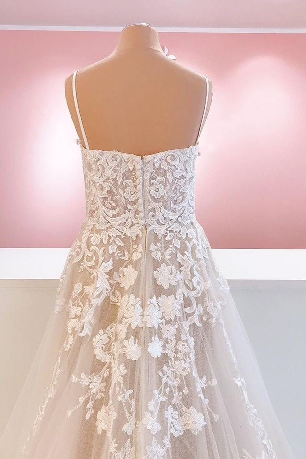 Spaghetti-Straps Lace Appliques Wedding Dress Sleeveless - Fashionpara