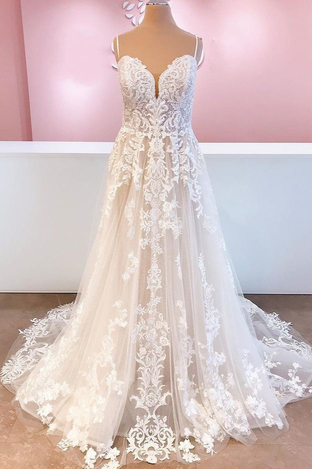 Spaghetti-Straps Lace Appliques Wedding Dress Sleeveless - Fashionpara