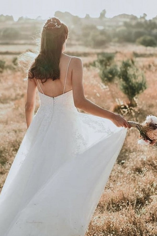 Spaghetti-Straps Lace Wedding Dress Beach Sleeveless Long - Fashionpara