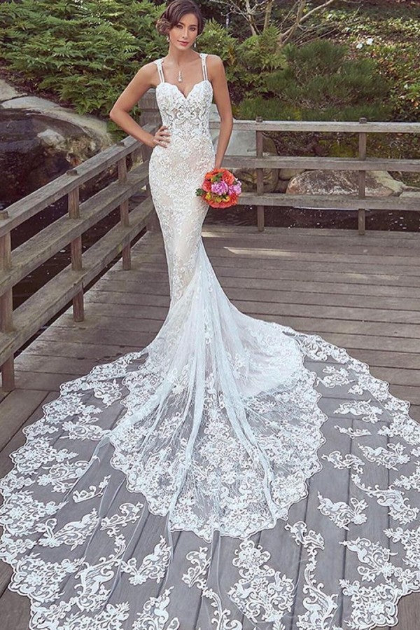 Spaghetti-Straps Lace Wedding Dress Mermaid Bridal Gowns Sleeveless - Fashionpara