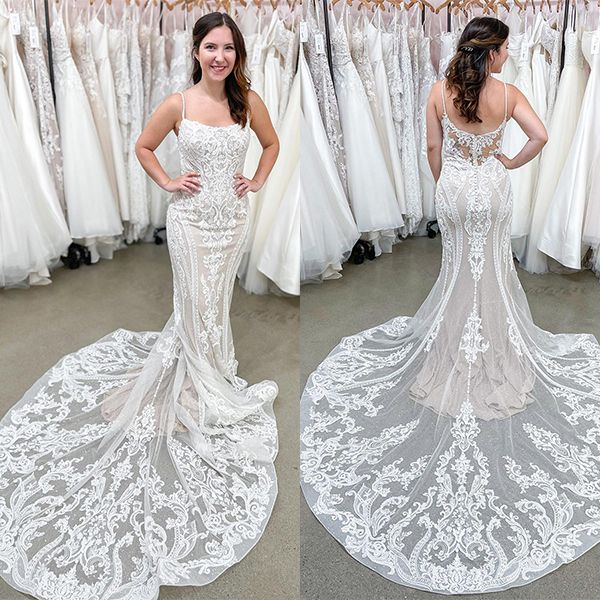 Spaghetti-Straps Lace Wedding Dress Mermaid Long - Fashionpara
