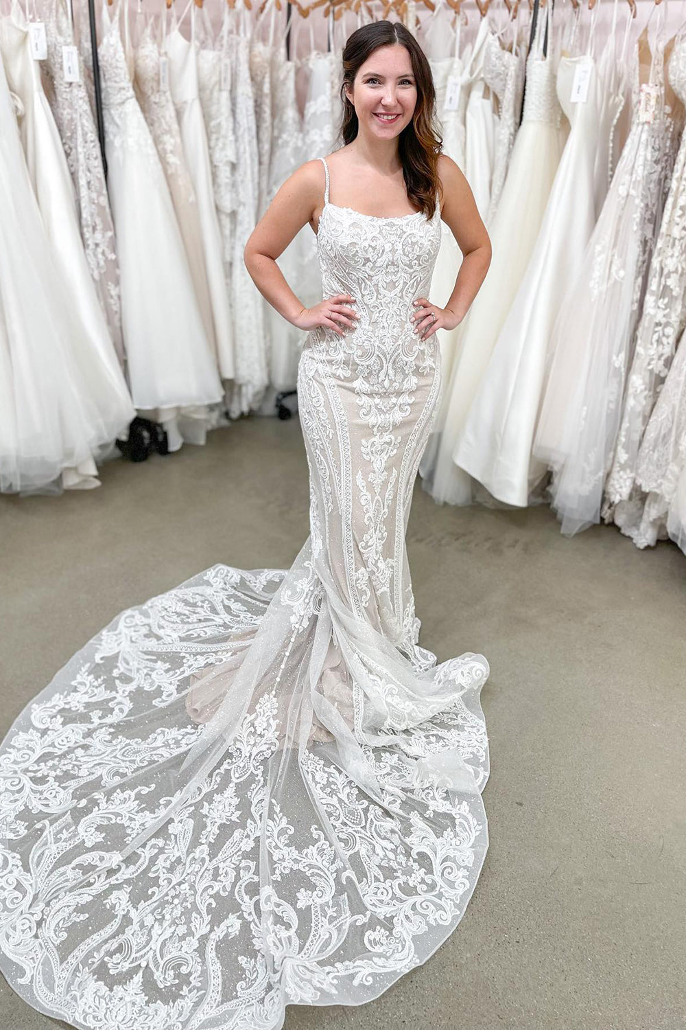 Spaghetti-Straps Lace Wedding Dress Mermaid Long - Fashionpara